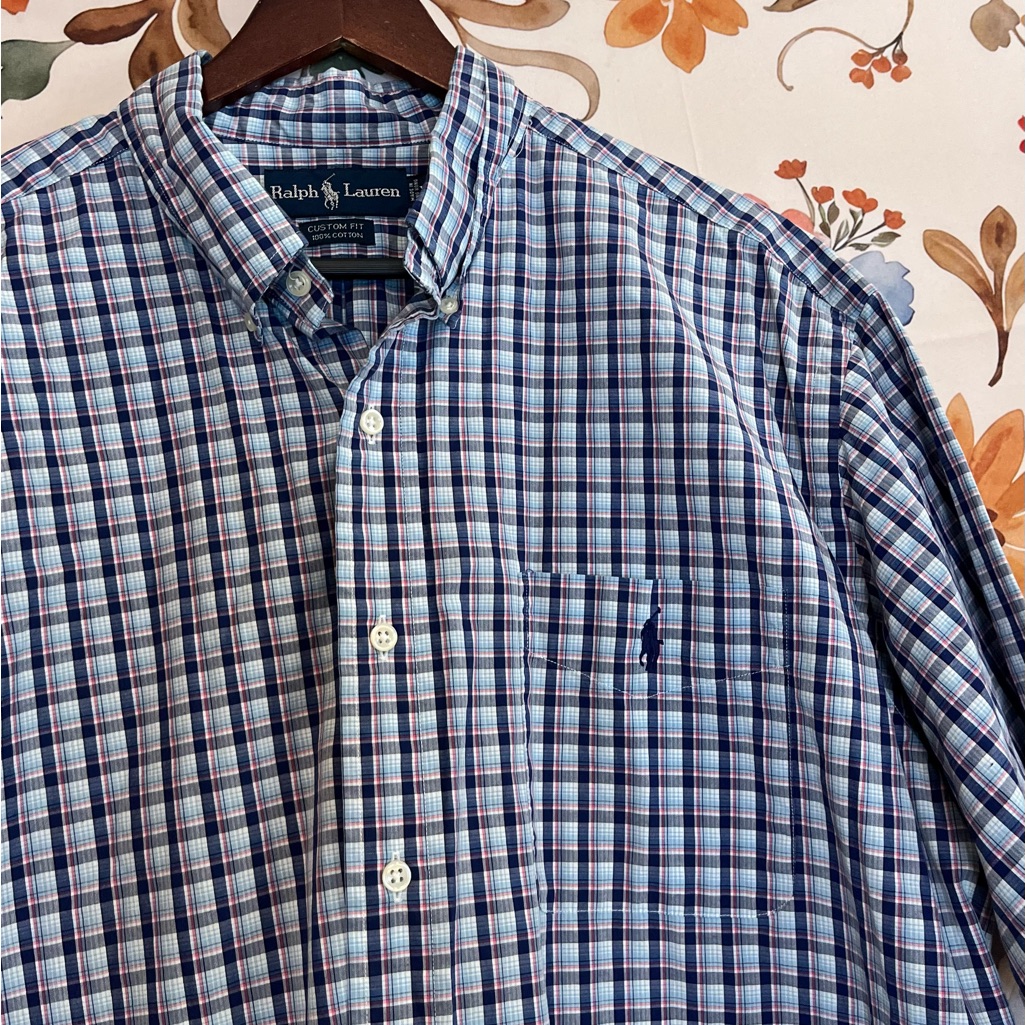Vtg Ralph Lauren Men Custom Fit Xl Slim Blue Short Sleeve Button Plaid Shirt Dad